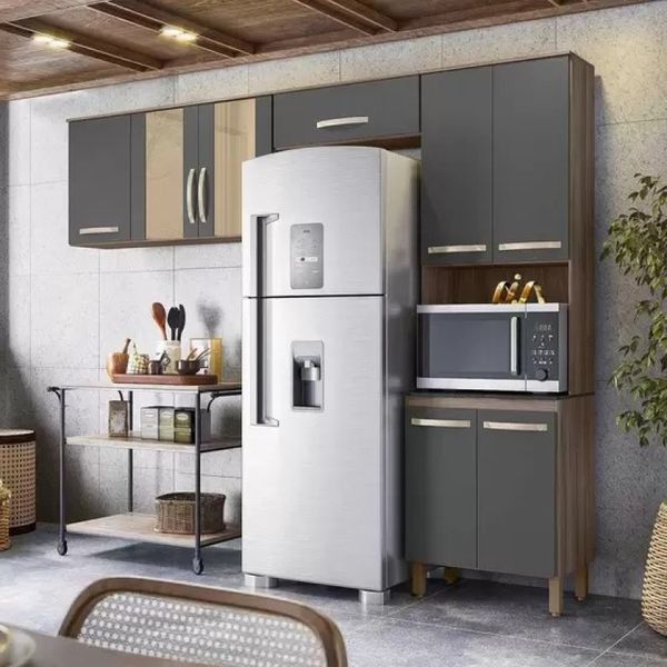 Cozinha Compacta 8 Portas Carvalho Nature Chumbo Fit Nicioli