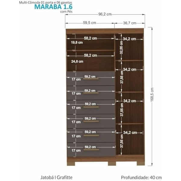 Cômoda Maraba 1 Porta 6 Gavetas Jatoba/Grafite Santos Andirá
