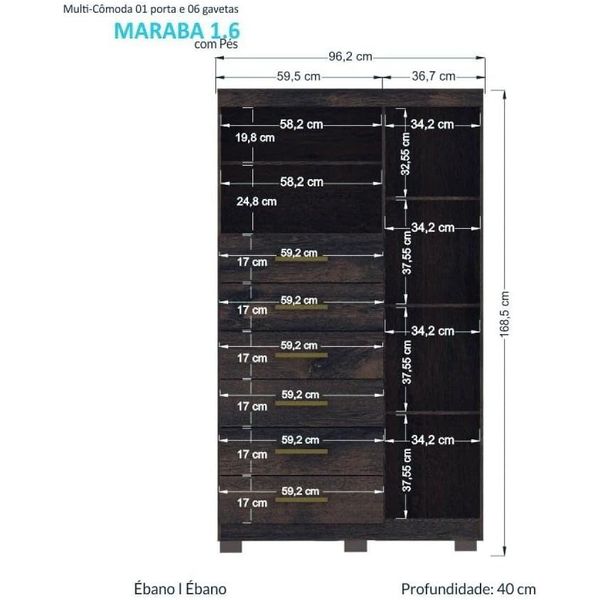 Cômoda Maraba 1 Porta 6 Gavetas Ebano Santos Andirá