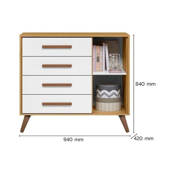 Comoda Sapateira Retro 1 Porta 4 Gavetas Freijo/Branco Qmovi