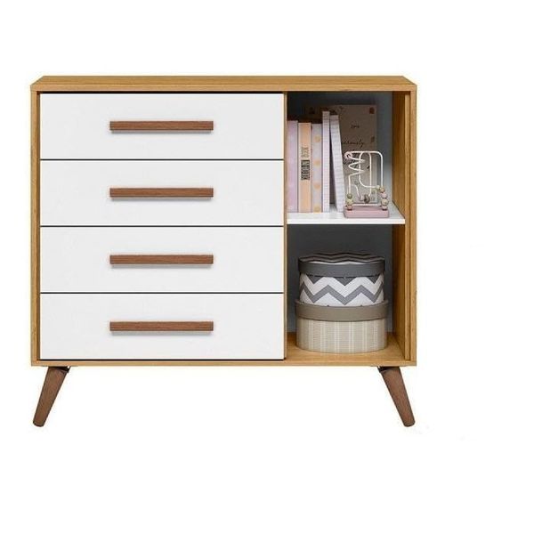 Comoda Sapateira Retro 1 Porta 4 Gavetas Freijo/Branco Qmovi