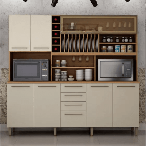 Armario de Cozinha Maranella 6 Portas 4 Gavetas Cinamomo/Off White Valde Moveis