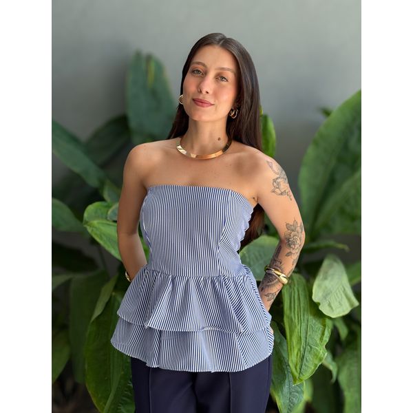 Blusa Doroti Sem Alças com Babados LISTRA FINA AZUL BIC COM BRANCO