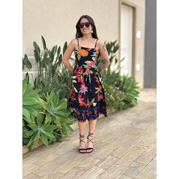 Vestido Curto Violeta ESTAMPADO PRETO COM ROSA