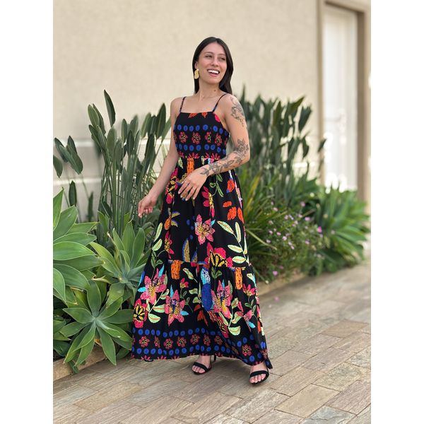 Vestido Iolanda ESTAMPADO PRETO COM ROSA