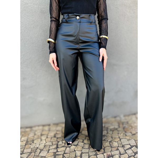 Wide Leg em Couro Fake PRETO