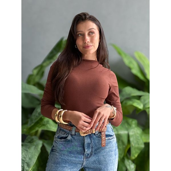 Body Manga Longa Costas Nua MARROM