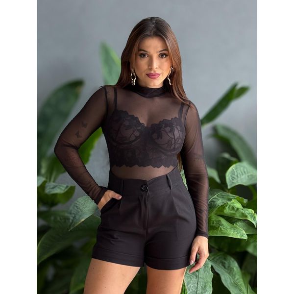 Body em Tule Manga Longa PRETO LOJA TUTTI FRUTTI