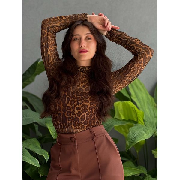 Body em Tule Manga Longa ESTAMPADO ANIMAL PRINT