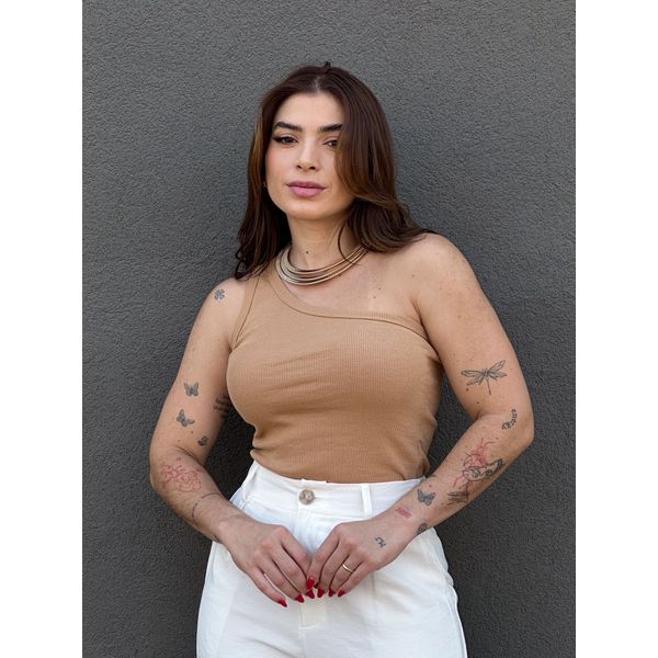 Blusa Nula Manga em Malha Ribana BEGE ESCURO