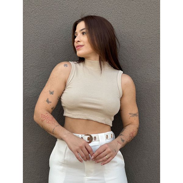 Cropped Vitoria Canelado Gola Alta BEGE