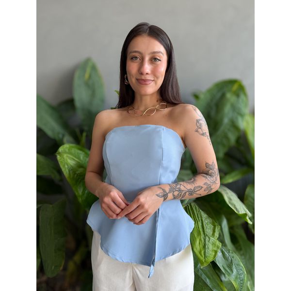 Blusa Manu Sem Alças em Alfaiataria AZUL CLARO