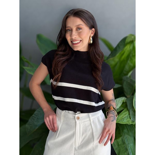 Blusa Marina Em Tricot Listrado PRETO COM BRANCO