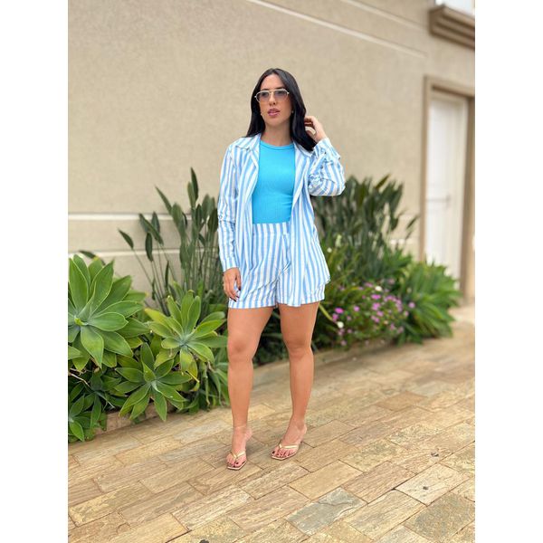 Conjunto Dani Camisa e Shorts LISTRADO AZUL CLARO