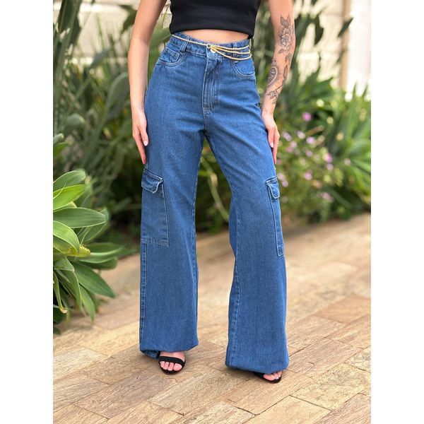 Calça Wide Leg Jeans Estilo LAVAGEM ESCURA 