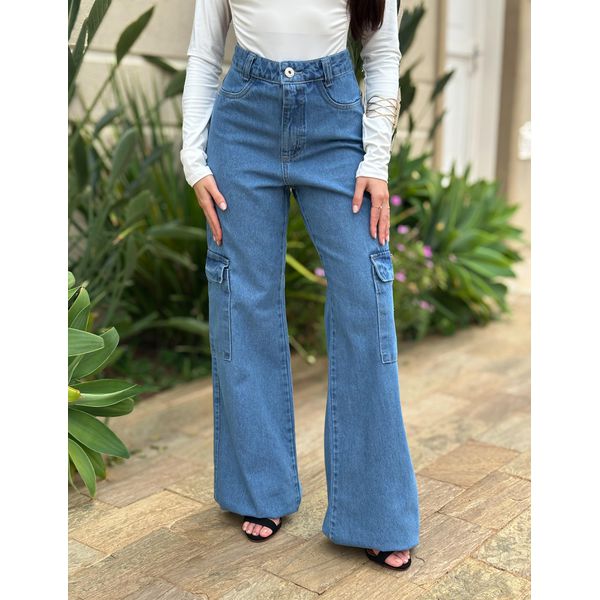 Calça Wide Leg Jeans Estilo LAVAGEM MEDIA 