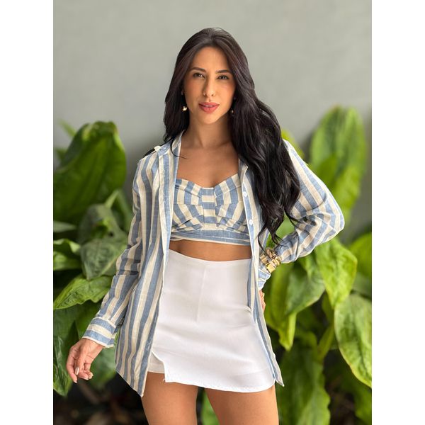 Conjunto Ines Cropped e Camisa LISTRADO AZUL 