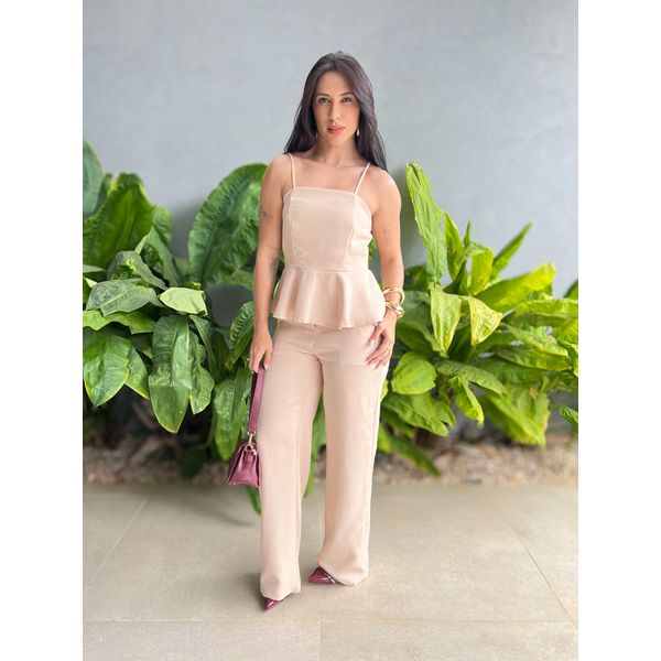 Conjunto Peplum Mavie Calça e Blusa em Alfaiataria BEGE