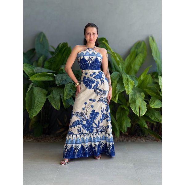 Vestido Longo Pati ESTAMPADO BEGE COM AZUL