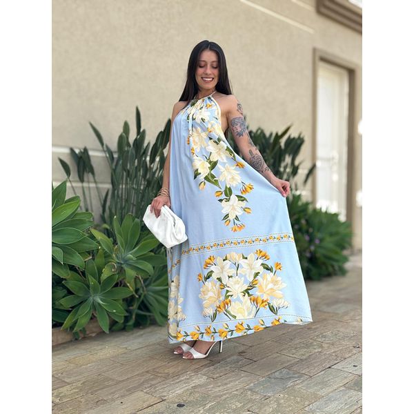 Vestido Longo Aline ESTAMPADO AZUL CLARO COM AMARELO