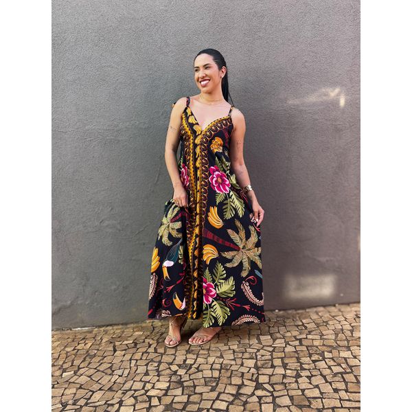 Vestido Longo Briana ESTAMPADO PRETO COM AMARELO