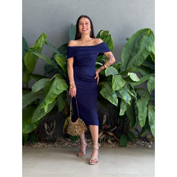 Vestido midi Isabela Ombro a Ombro AZUL MARINHO