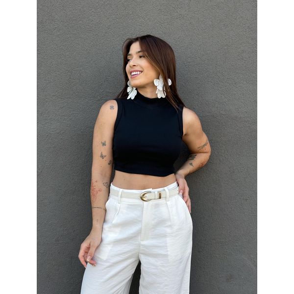 Cropped Vitoria Canelado Gola Alta PRETO