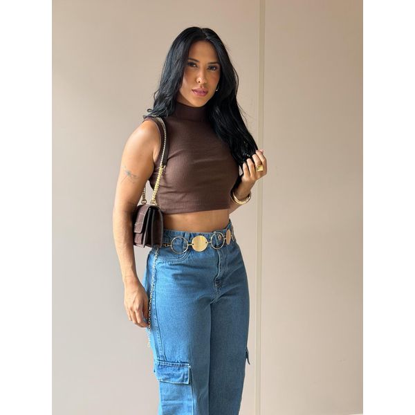 Cropped Virginia em Malha Canelada MARROM