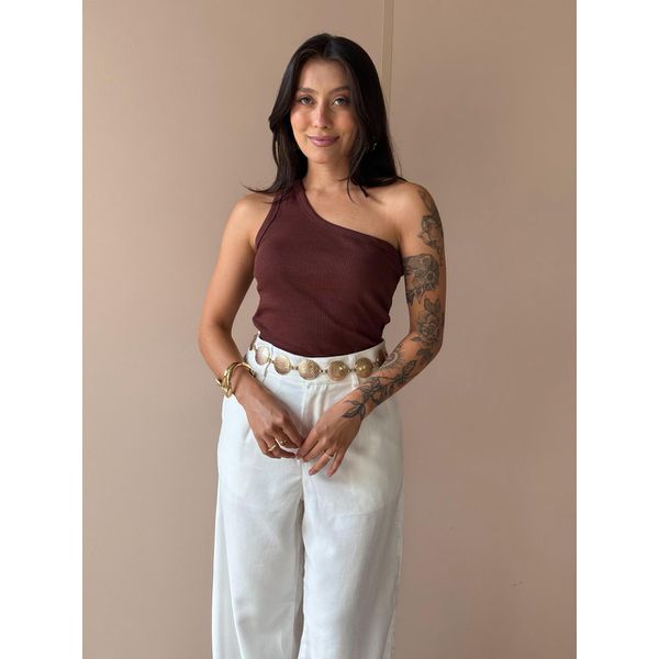 Blusa Nula Manga em Malha Ribana MARROM.