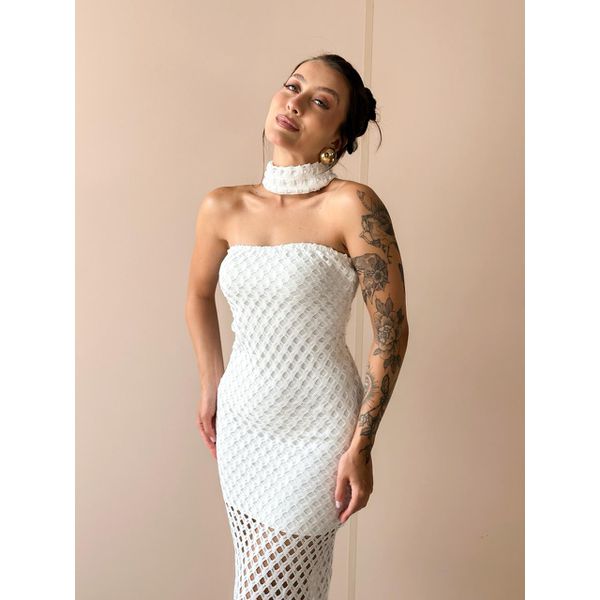 Vestido Midi em Renda Sem Alças OFF WHITE