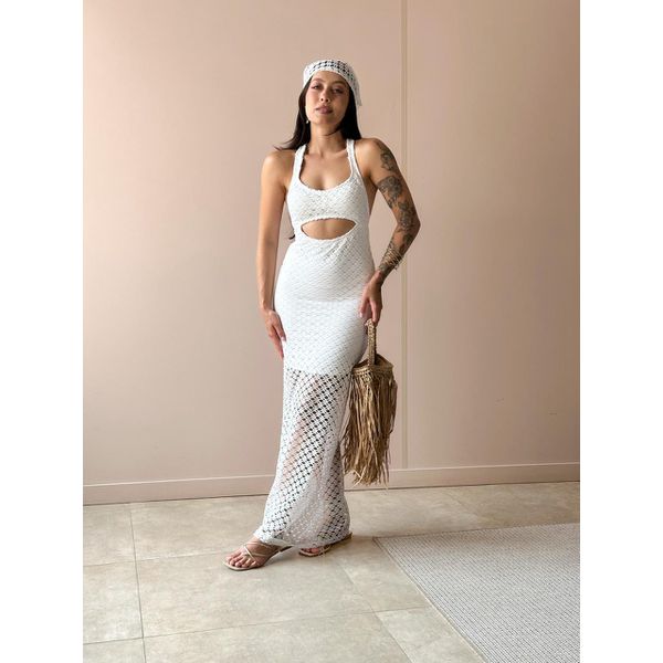 Vestido Midi Rendado com Abertura Abaixo do Busto OFF WHITE