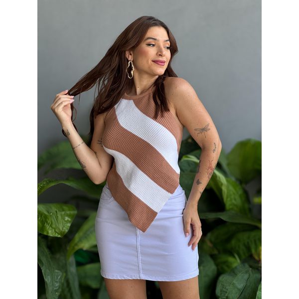 Blusa Tricot Melissa Frente Única LISTRADO BEGE E BRANCO