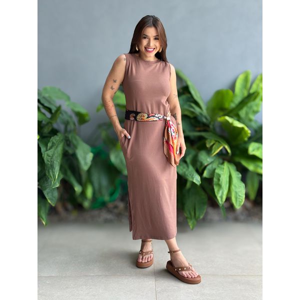 Vestido Longo Cavado Malha Premium MARROM CLARO