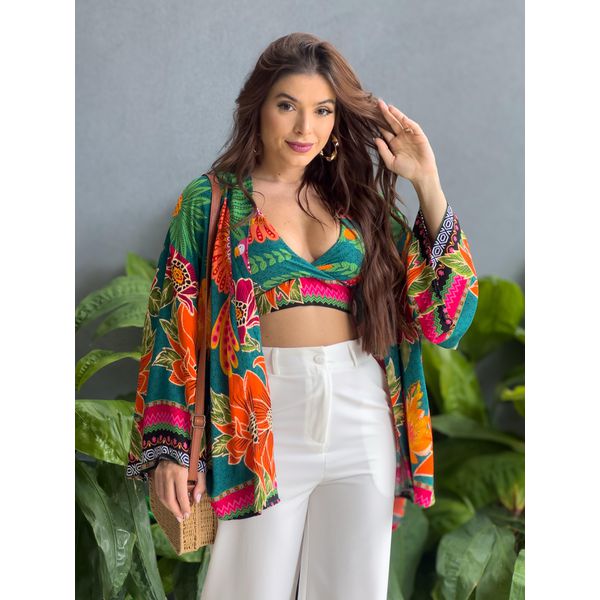 Conjunto Cropped e Kimono ESTAMPADO VERDE COM LARANJA