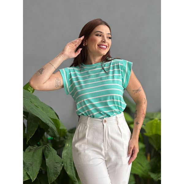Blusa Muscle Tee Listras VERDE AGUA COM BRANCO 