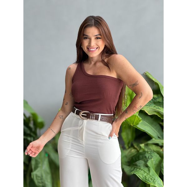 Blusa Nula Manga em Malha Ribana MARROM