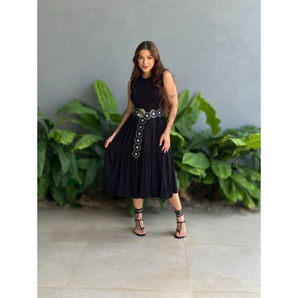 Vestido Midi Malha Babados PRETO