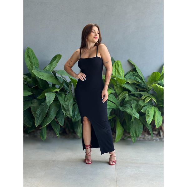 Vestido Longo Nala Alças em Malha Canelada PRETO