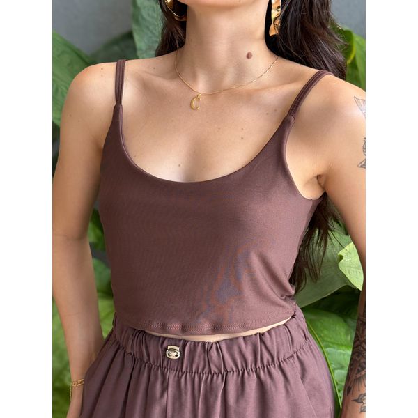 Top Cropped Alças Finas em Poliamida MARROM
