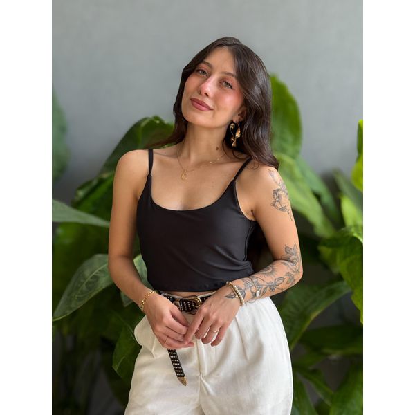 Top Cropped Alças Finas em Poliamida PRETO