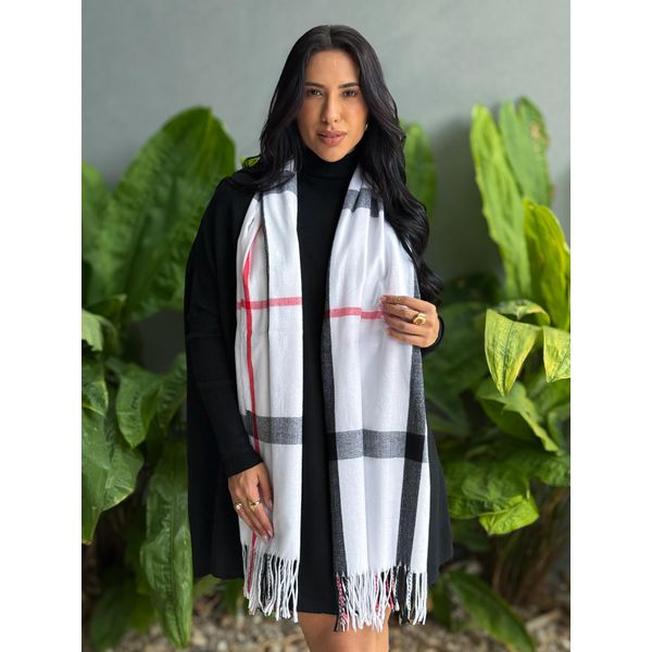 Cachecol em Lã XADREZ BRANCO COM VERMELHO