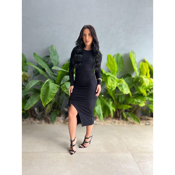 Vestido Midi Kauany Manga Longa em Malha Ribana PRETO