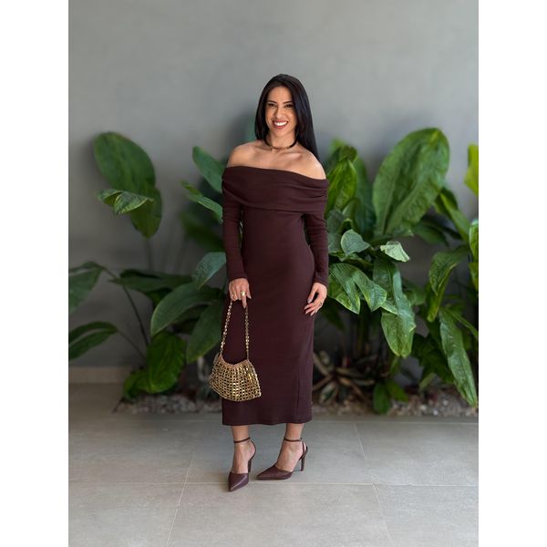 Vestido Midi Ombro a Ombro em Malha Ribana MARROM