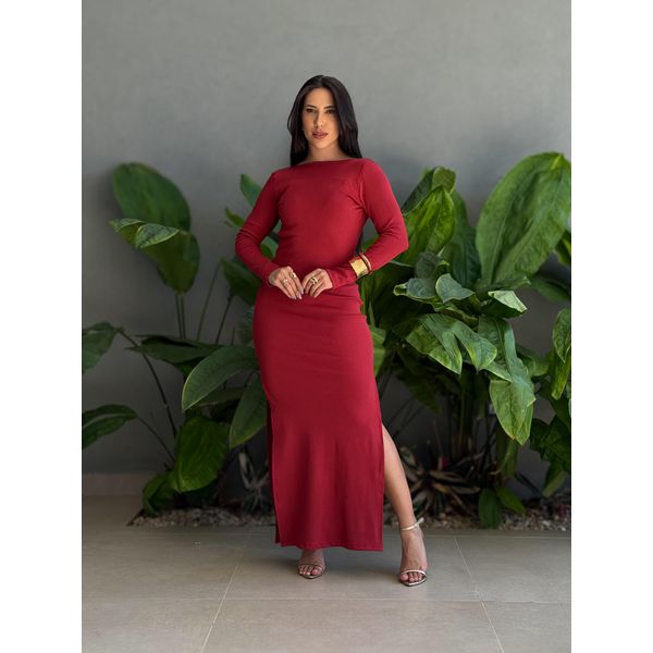 Vestido Monise Manga Longa Costas Nua VINHO