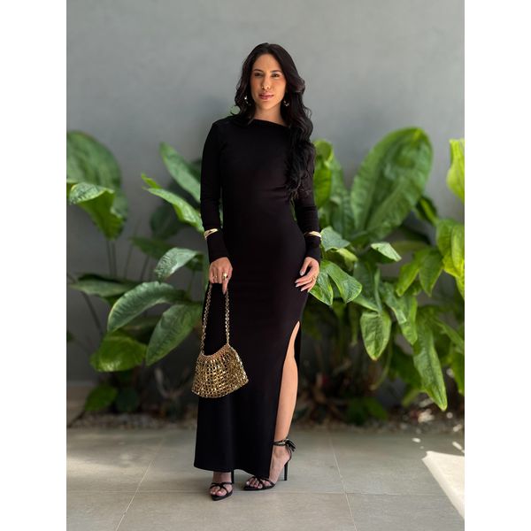 Vestido Monise Manga Longa Costas Nua PRETO