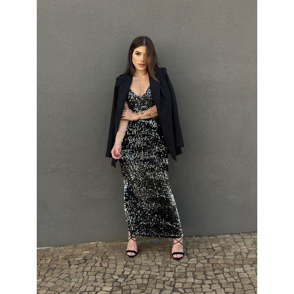 Saia Midi em Paetes PRETO COM PRATA