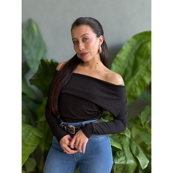 Blusa Amelie Manga Longa Decote Ombro a Ombro PRETO
