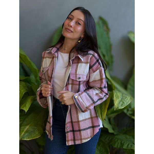 Jaqueta Xadrez Longa BRANCO COM ROSA