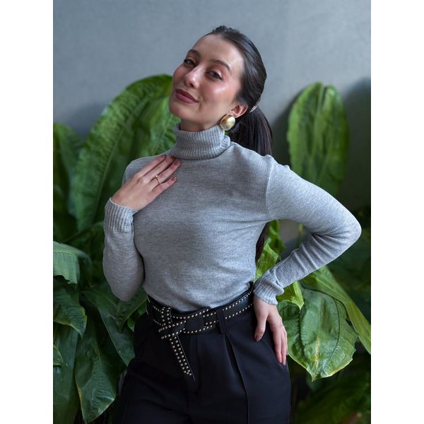 Blusa Segunda Pele Gola Alta em Tricot CINZA MESCLA