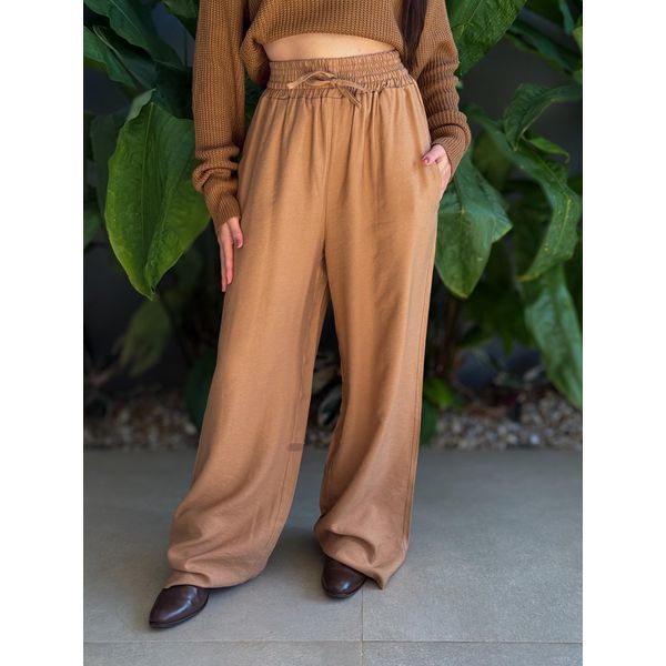 Calça Pantalona Leila com Elástico no cós BEGE ESCURO